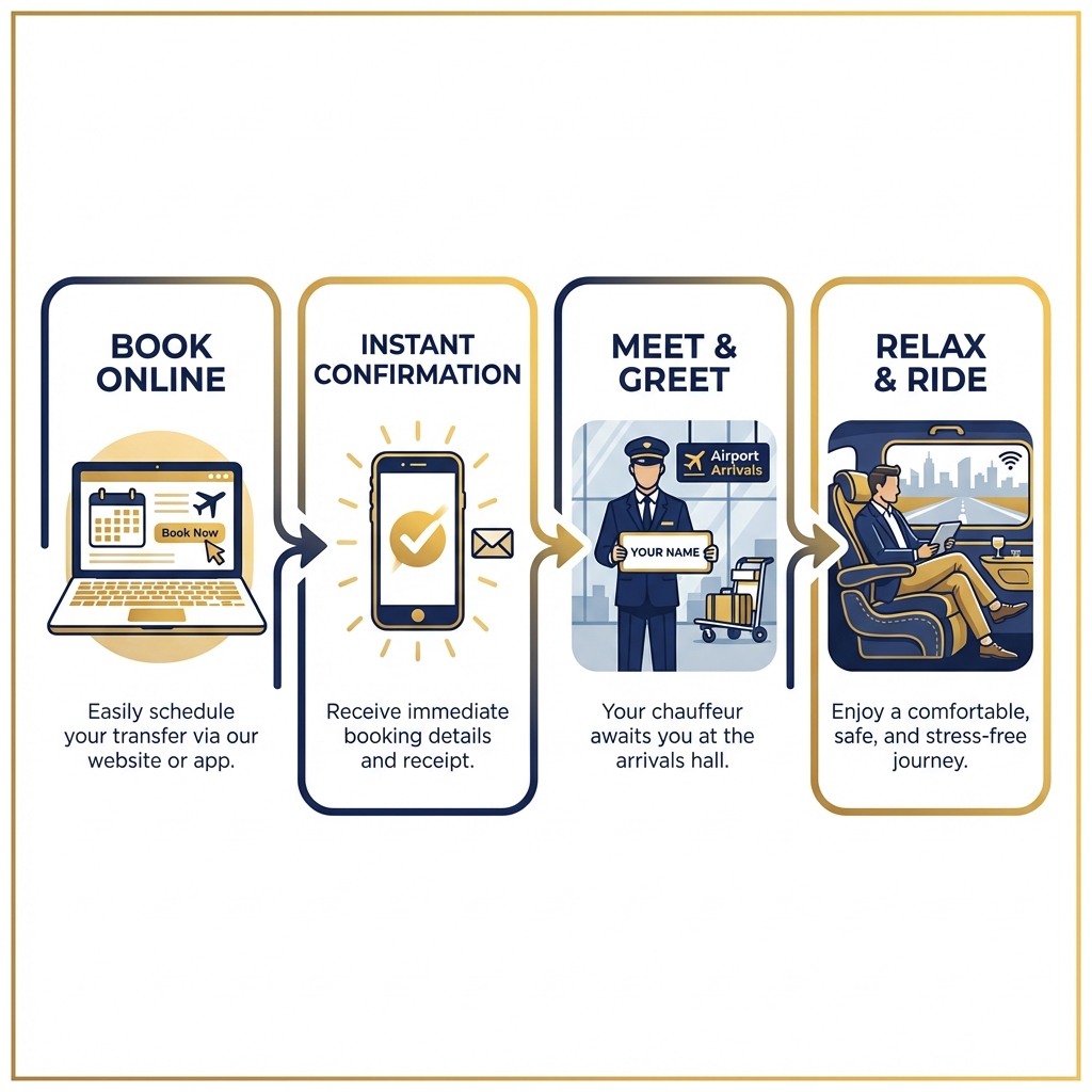 Airport Transfer Booking Process: Book Online, Confirmation, Meet & Greet, Relax & Ride